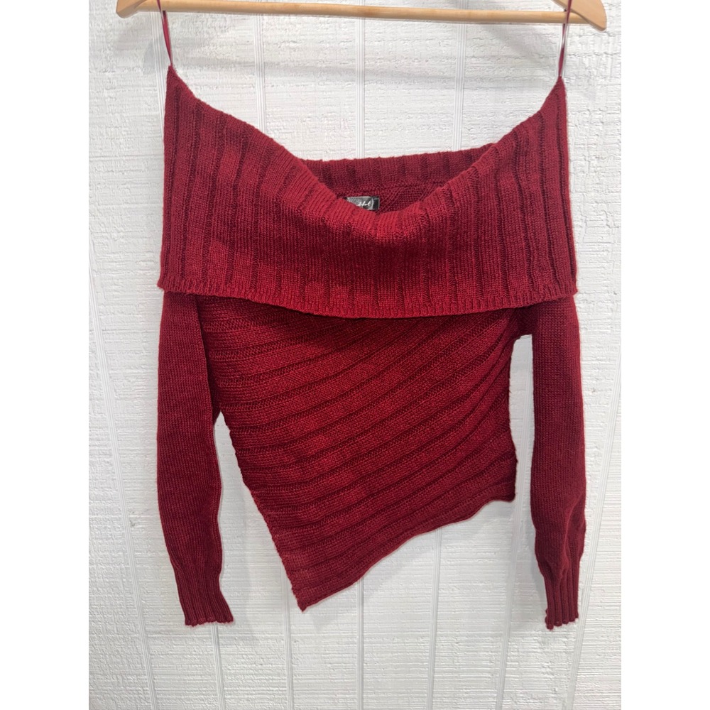 Line & Dot Sweater Women Burgundy Red Off Shoulder Asymmetrical Ribbed Small